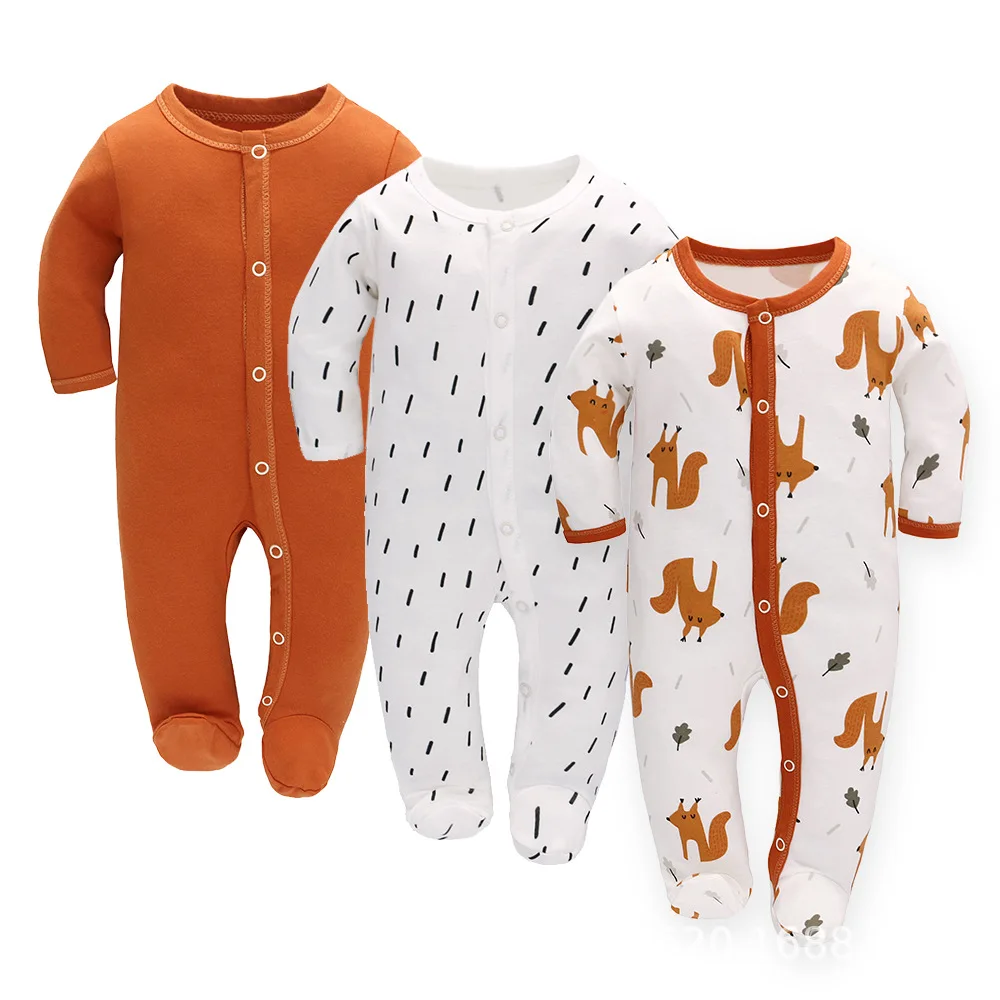 0-7M 3pcs Newborn Baby Cotton Footie Pajamas Infant Boy Girl Long Sleeve Onesies Jumpsuit Autumn Winter Sleepwear Rompers Clothe