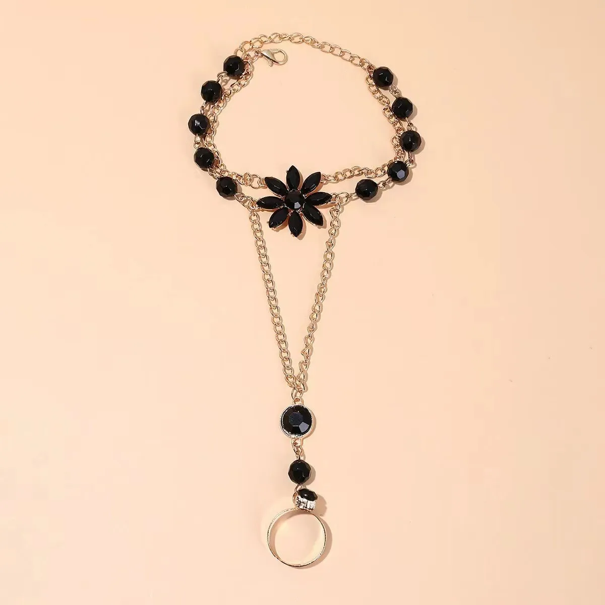 Romantic Gold Chain Lotus Bracelets for Women Bohemian Delicate Black Crystal Slave Harness Hand Bracelets Valentine's Day Gift
