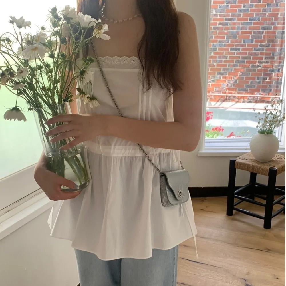 Verão fre doce em camadas saia dr feminino sle emenda plissado menina dstring colete strapl vestido de renda branca retalhos