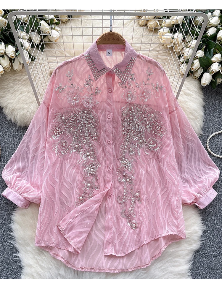 Primavera Autunno Francese Versatile Camicia a maniche lunghe da donna Nail Bead Glitter Sottile Manica a lanterna Camicetta casual allentata Top C362