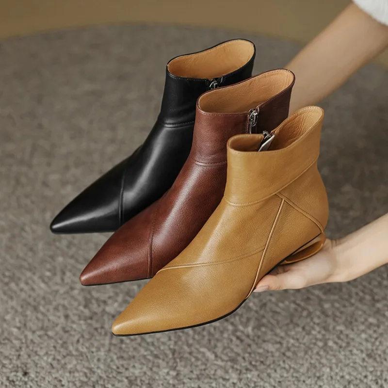 Fashion Retro Irregular Mid Heels Short Boots Womens Soft Leather Pointed Toe Side Zipper Modern Chelsea Boot Autumn Winter Shoe