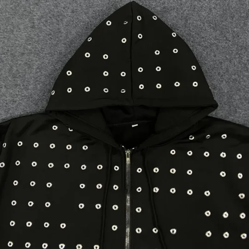 

New European American Autumn Full Circular Hole Decoration Top Trendy Zipper Cardigan Hooded Sweatshirt Men's Women's Clothing