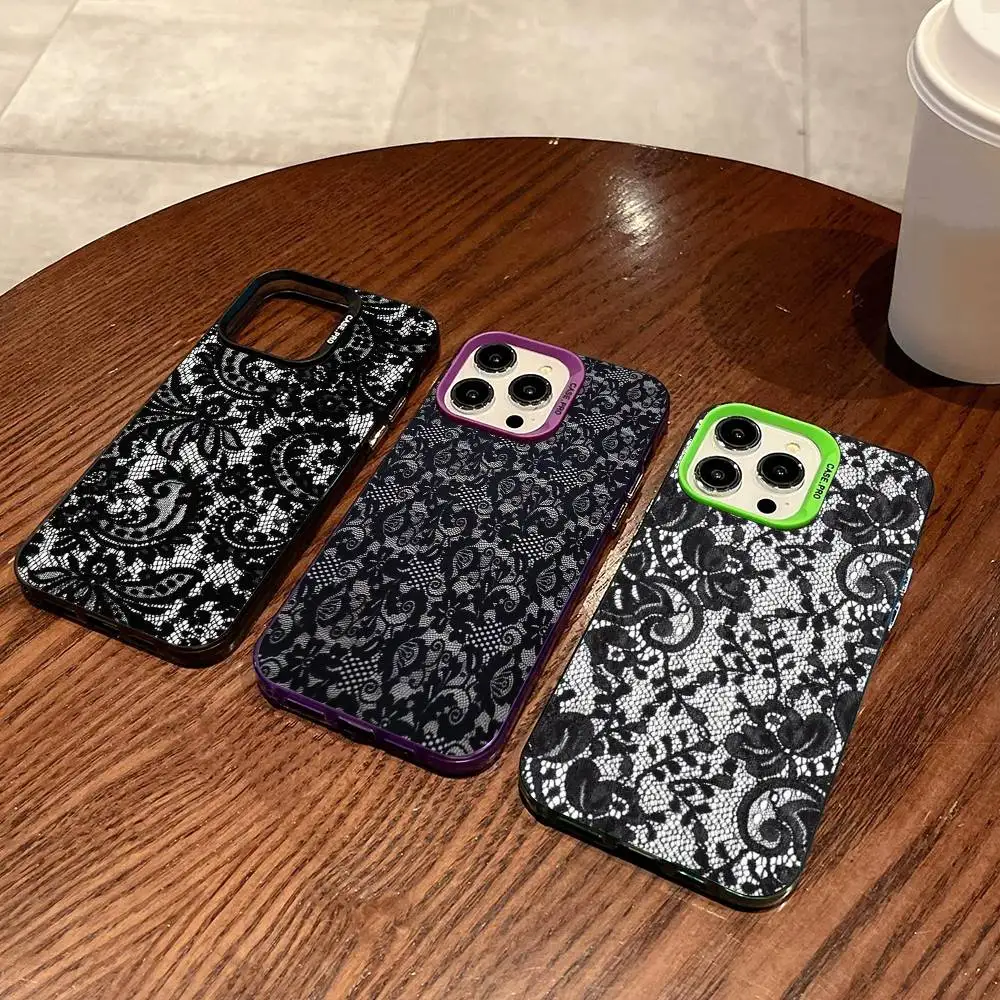 Schwarze Spitzenmuster-Handyhülle für iPhone 17 16 15 14 11 12 13 Pro Max Plus Pro Farbige Silber-Abdeckung