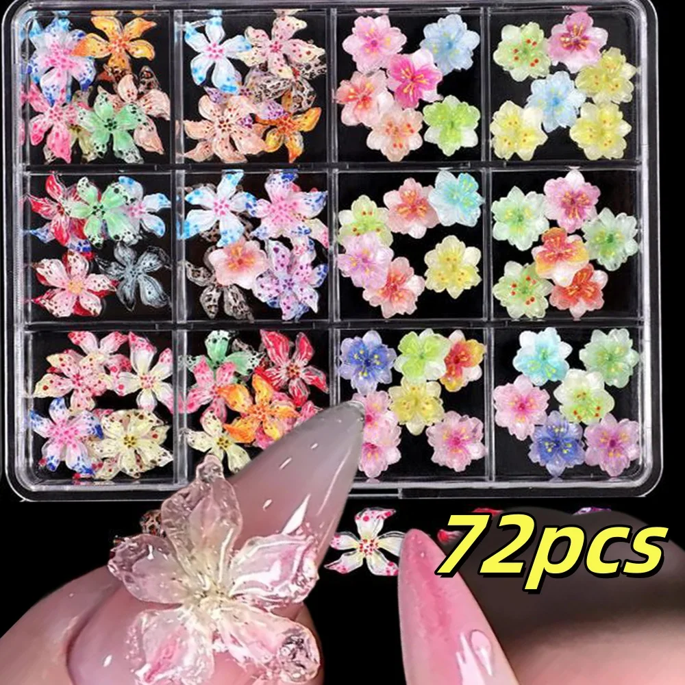 

72pcs Soft Carved Ice Crystal Flower Nail Decor Fruit Jelly Color 3D Lily Cherry Blossom Nail Charms Luxury Crystal Nail Gems *^