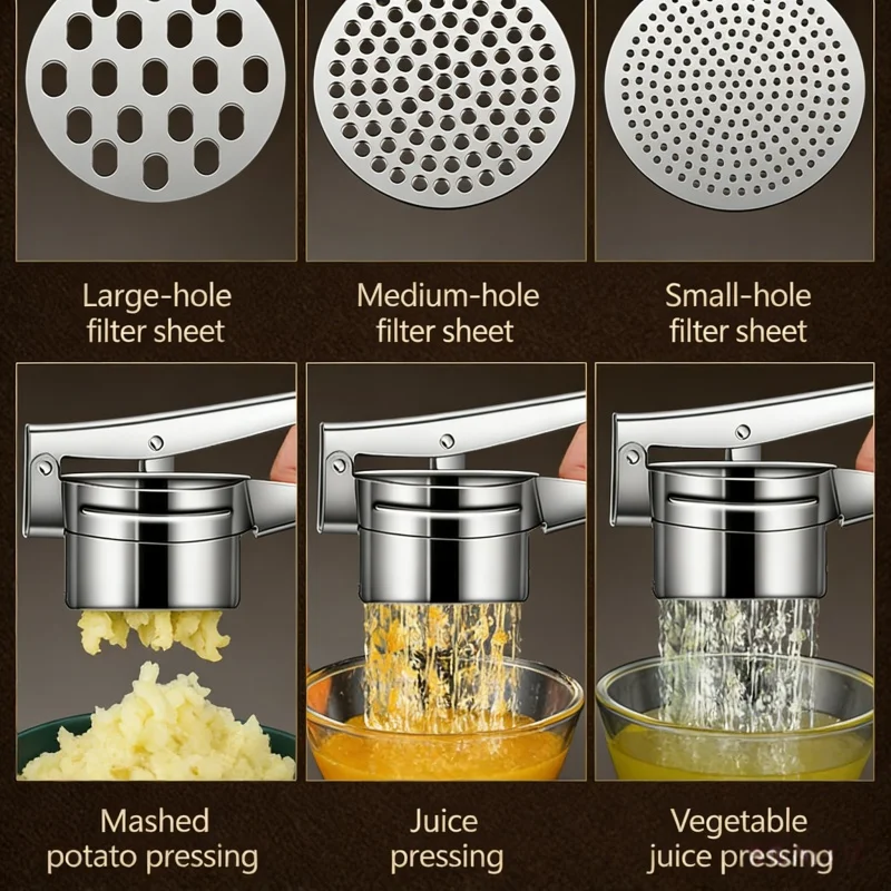 Stainless Steel Potato Ricer Manual Potato Masher With 3 Discs Fruit Lemon Squeezer Food Grade Kitchen Gadget Ergonomic Handle