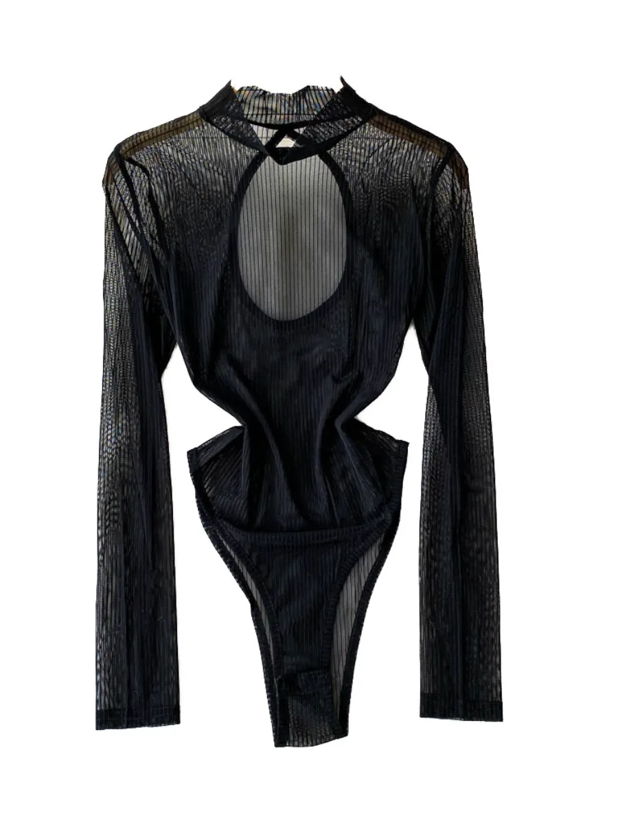 Foamlina holle opstaande kraag lange mouw jumpsuit dames zomer Amerikaanse niche sexy slanke hoge split mesh bodysuits