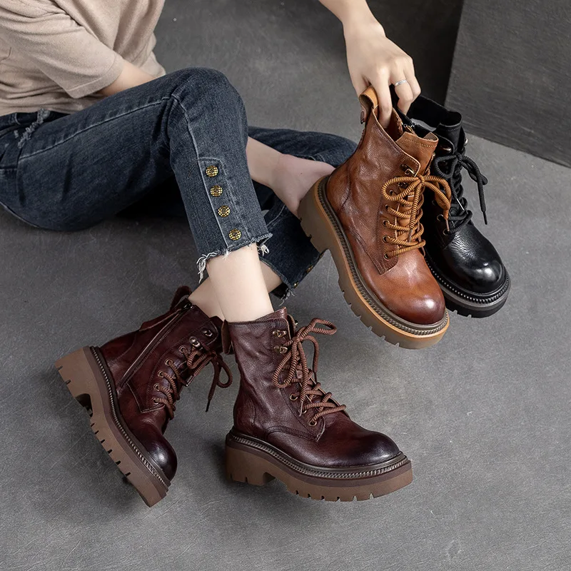 6CM Handmade Women Genuine Leather Boots Autumn Winter Round Toe Thick Heel Chunky Platform Retro Style Warm Mid Calf Boots image 2