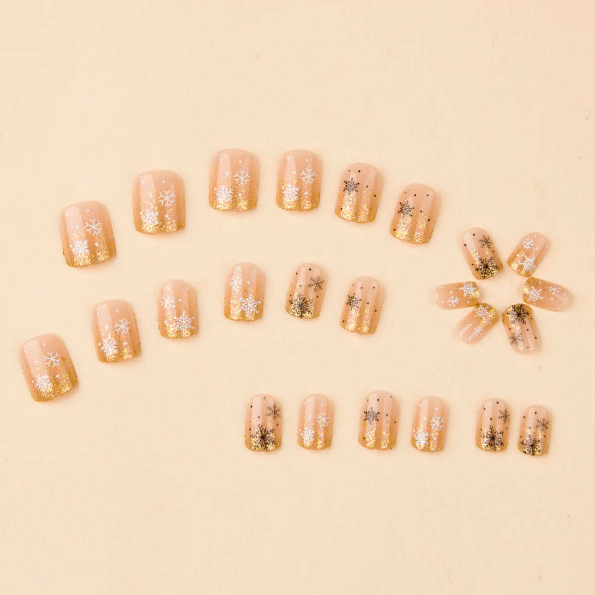 女性用の短い正方形の偽のネイル,24個セット,クリスマス用の圧力ネイル,y2kスノーフレーク,フランスの偽のネイル,ゼリータブ
