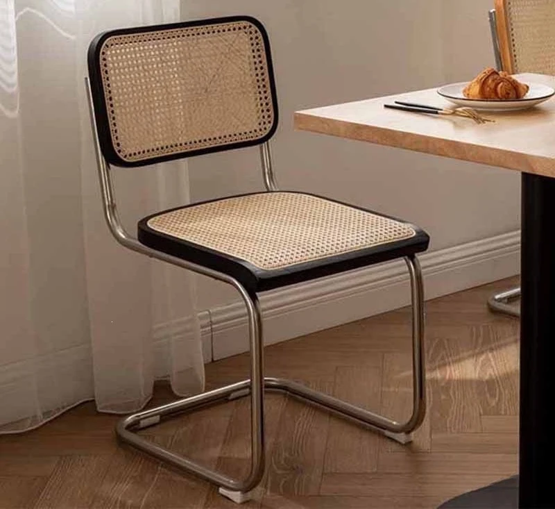 Rattan chair wrought iron home solid wood backrest armrest retro dining chair