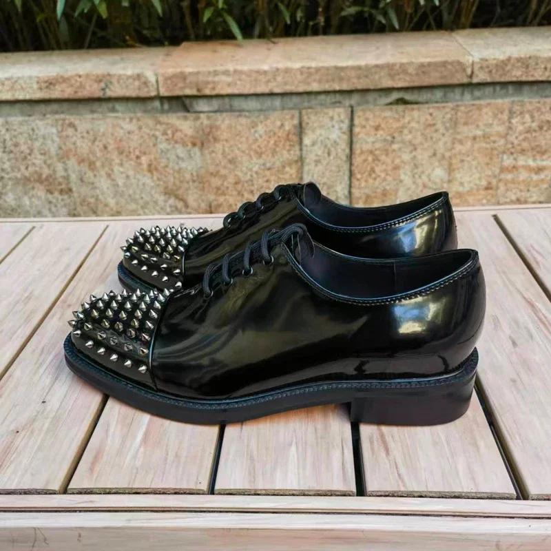 Men's Patent Leather Loafers | Black Rivet Metal Decor Small Square Toe Flat Formal Dress Shoes for Summer Wedding Business Offi