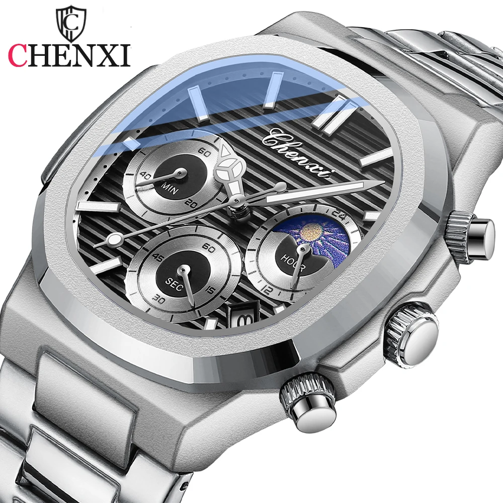 CHENXI Stainless Steel Watches for Mens Creative Fashion Luminous Dial with Chronograph Clock Male Casual Quartz Wristwatches