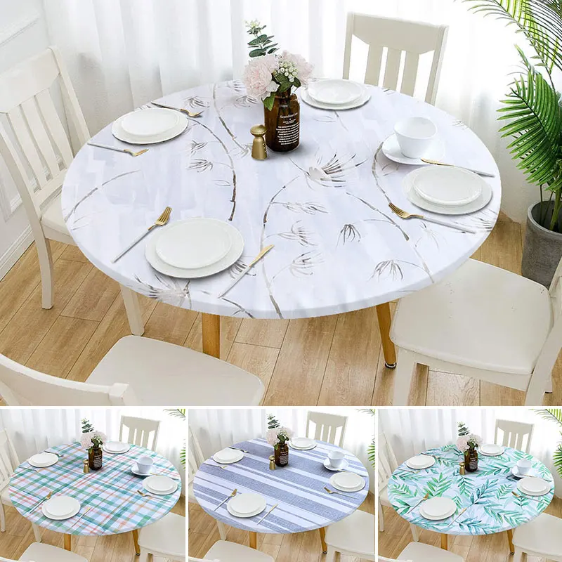 1pcs Elastic Edged Vinyl Fitted Tablecloth Round Flannel Backed Table Cover Oil & Waterproof Wipeable Table Cloth Dining Table