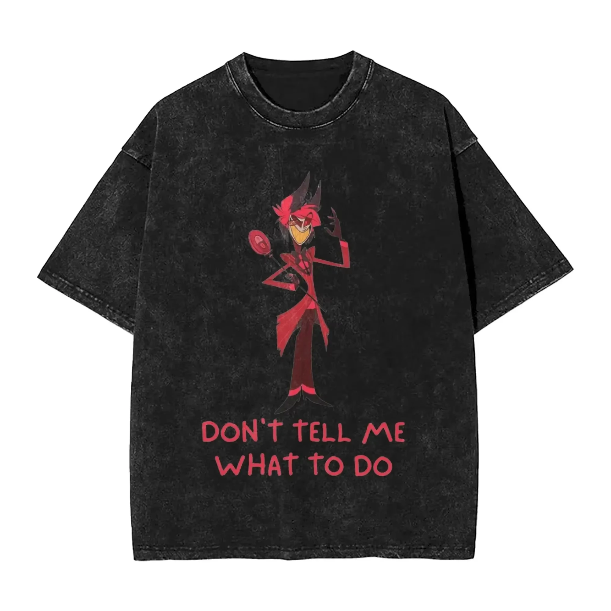 Vintage gewaschenes Baumwoll-T-Shirt mit Hazbin Hotel Alastor Radio Demon Grafikdruck, Unisex, locker geschnittenes Streetwear-Anime-Freizeit-Oberteil mit kurzen Ärmeln – Detail 5