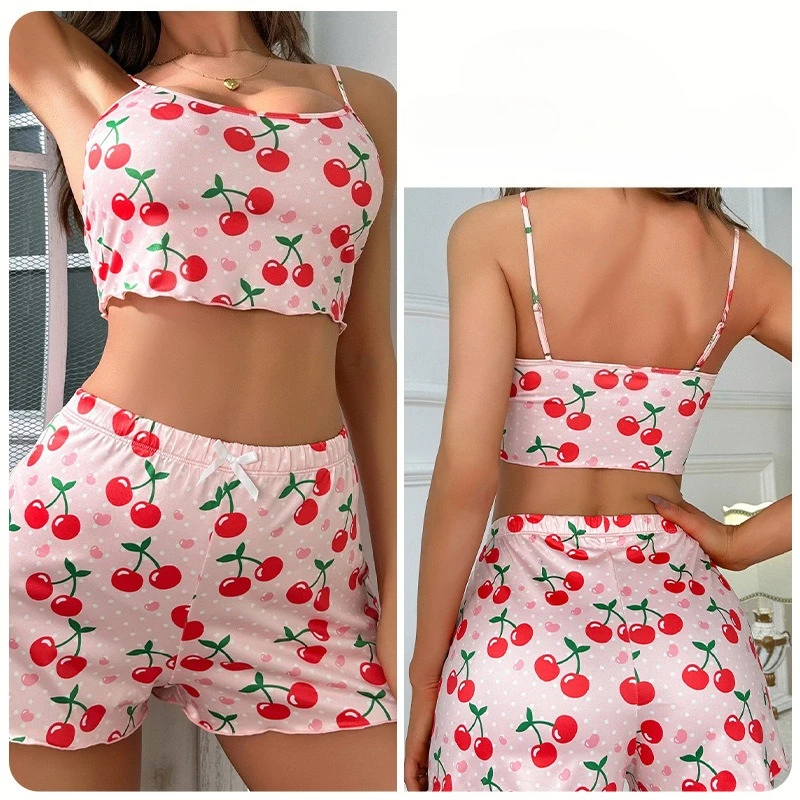 

Micro-Powdered Milk Silk Cherry Print Women Pajamas Set Short-Sleeved Comfortable Homewear Set Sexy Lingerie Summer Clothes