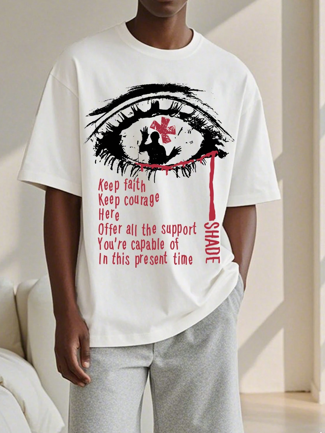 2026 New Eye Graffiti Keep Faith Keep Courage Quote Oversized Streetwear Graphic T Shirt