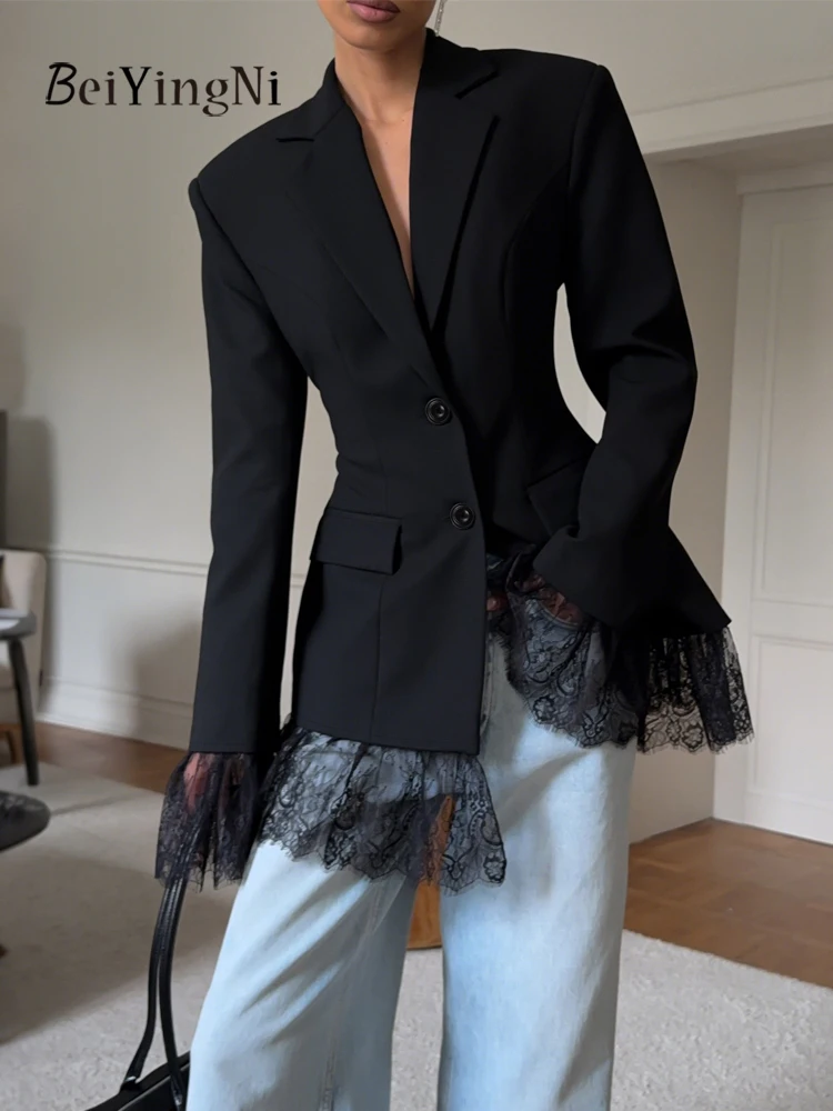 

Beiyingni, черный блейзер для женщин, осень-зима 2022, кружевное лоскутное пальто с длинными рукавами, женские OL, тонкие однотонные топы с длинными рукавами для поездок на работу