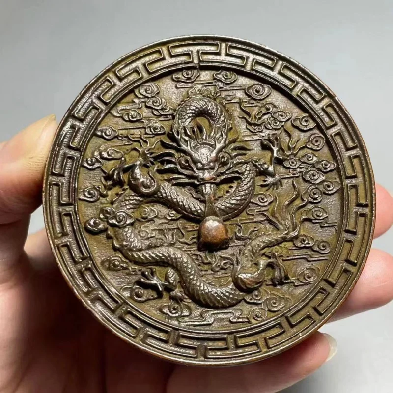 Antique Ink Box Calligraphy Dragon Pattern Gossip Ink Box Copper-Plated Old Copper with Cover Travel Dragon Playing Beads Xiangy