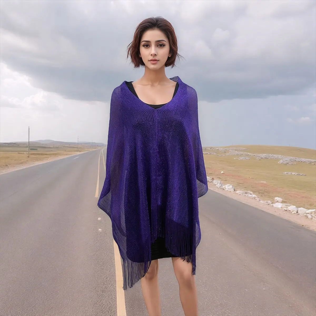New hollowed out shawl cape European and American women's summer outerwear cloak tassel pullover polyester shiny Poncho