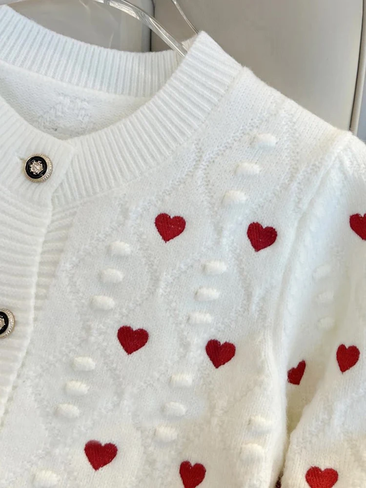 Embroidery Heart Knit Women Cardigan Sweater V Neck Single Breasted Knit Jumpers Top Autumn Winter Female Jacket Coat C-152