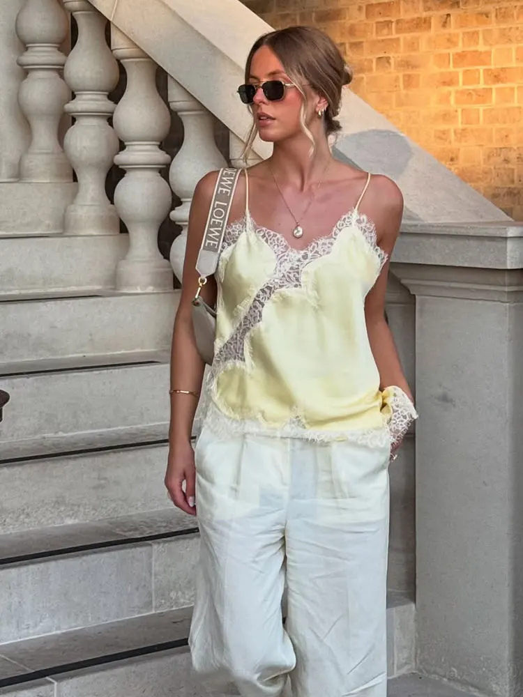 HH Women Solid Asymmetric Tops V Neck Suspender Sexy Lace Tank Tops Woman Elegant Fashion High Street Lady Chic Top Camis