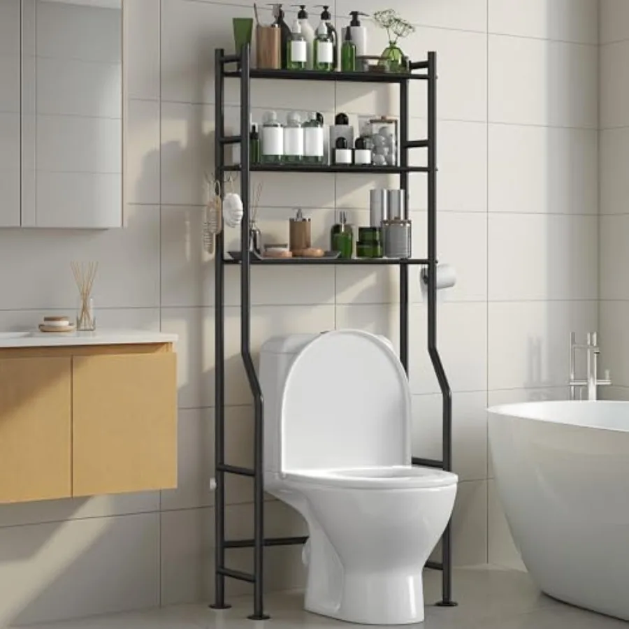 

Трехуровневая полка-органайзер над унитазом для экономии места в ванной комнате с держателем для бумаги, 4 крючками, высотой 64 дюйма, отдельно стоящая, из углеродистой стали