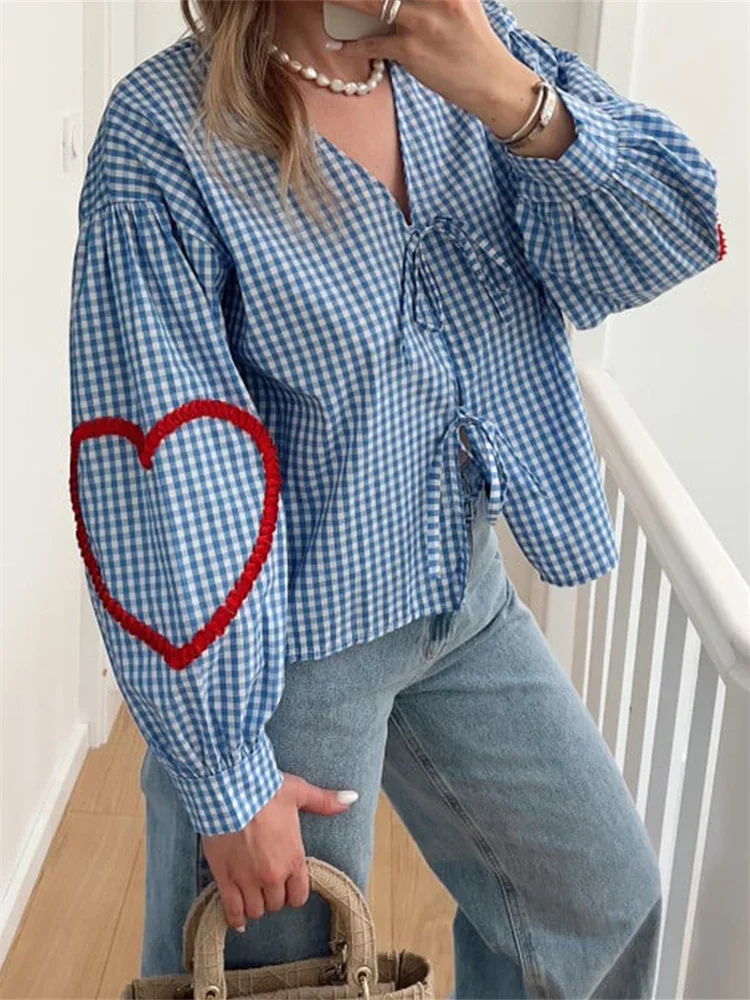 Women Long Sleeve Shirts Plaid Heart Pattern Front Two Bowknot Tie-Up V-Neck Blouses Fashion Spring Autumn Casual Shirt Tops