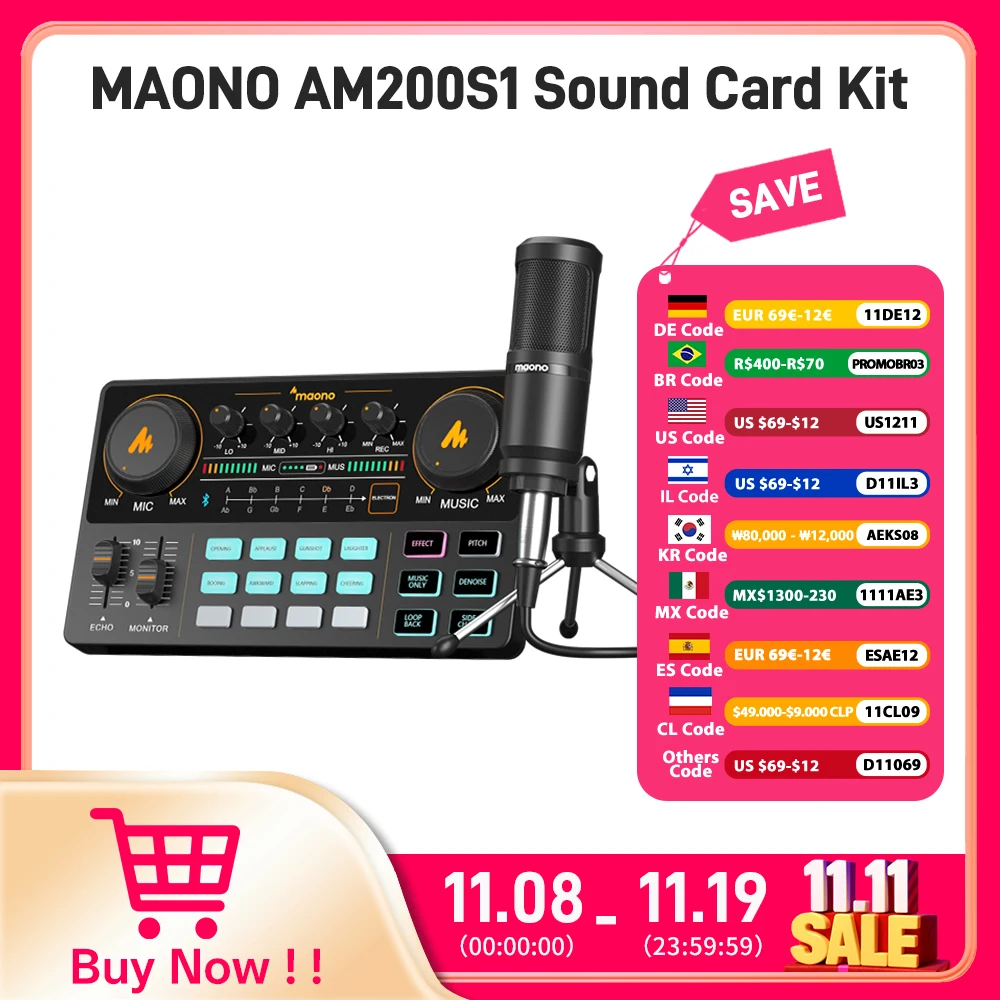

Maono AM200-S1 Sound Card Microphone Set MaonoCaster Audio Interface with Condenser Mic for Live Streaming,Recording,PC\Phone