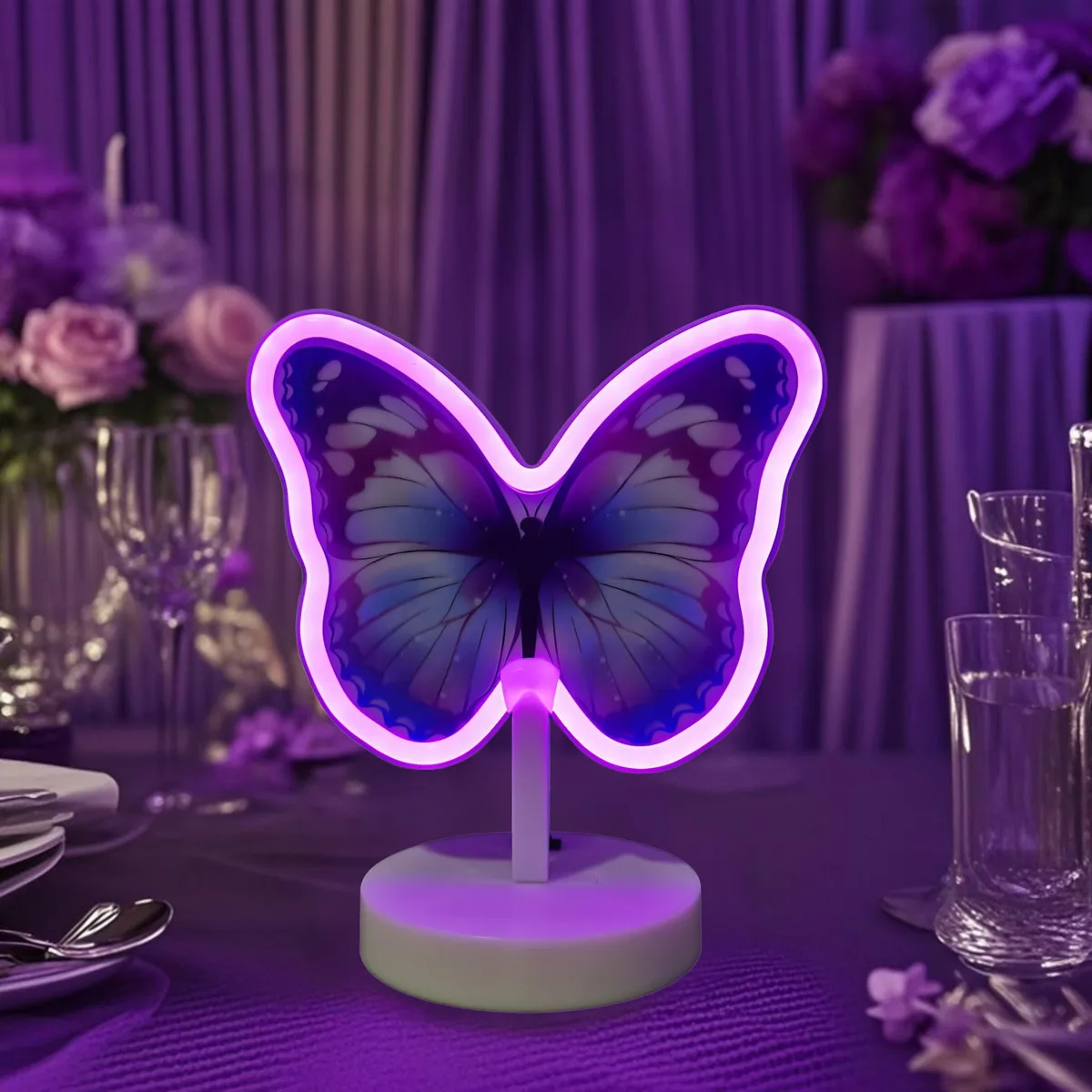 Tiki ผีเสื้อป้ายนีออนไฟ LED แบตเตอรี่/USB ขับเคลื่อนโคมไฟนีออนสีชมพูพร้อมฐานผู้ถือตาราง Nightlight Decor 401