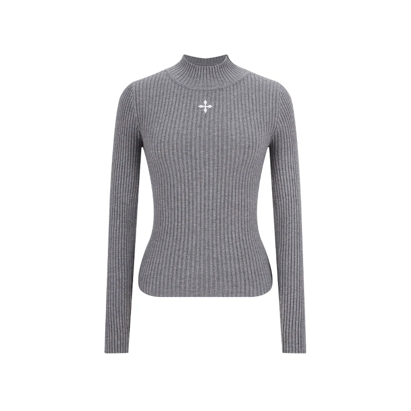 Herbst Winter Damen Lange Sve Gestrickte Logo Stickerei Basis Irt Innenbekleidung Oberbekleidung Bequeme weiche Faser Top