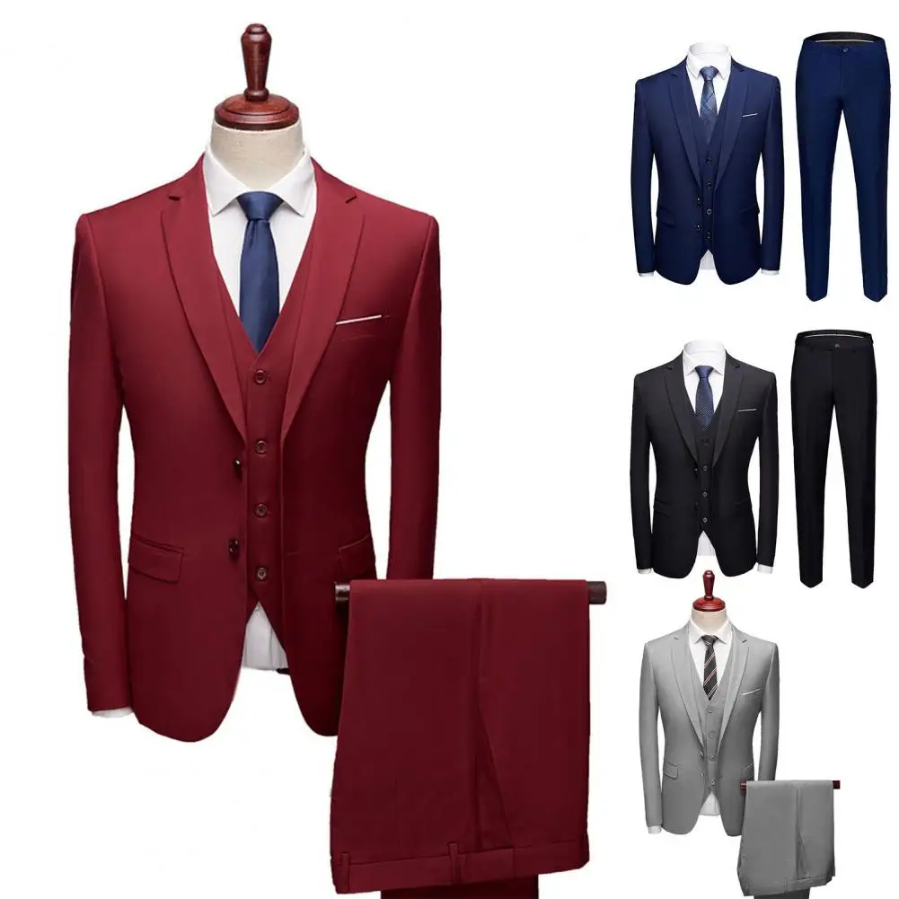 Fabulous Long Pants Sleeveless Waistcoat 3 Piece Set Soft Business Suit Long Sleeve Men Suit With Pockets for Wedding