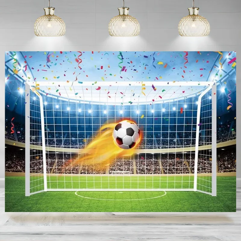 Soccer Backdrop Photography Gold Flame Green Grass Colorful Ribbon Stadium Lights Background Boys Kids Sports Theme Banner