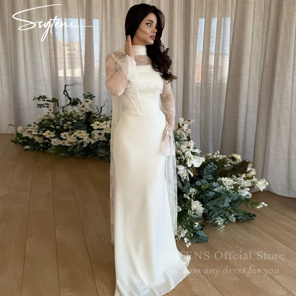 SSYTENS Maßgeschneiderte lange Meerjungfrau-Brautkleider, Saudi-Arabien, trägerlos, 2-in-1, einfache Brautkleider, Spitze, volle Ärmel, Brautkleid