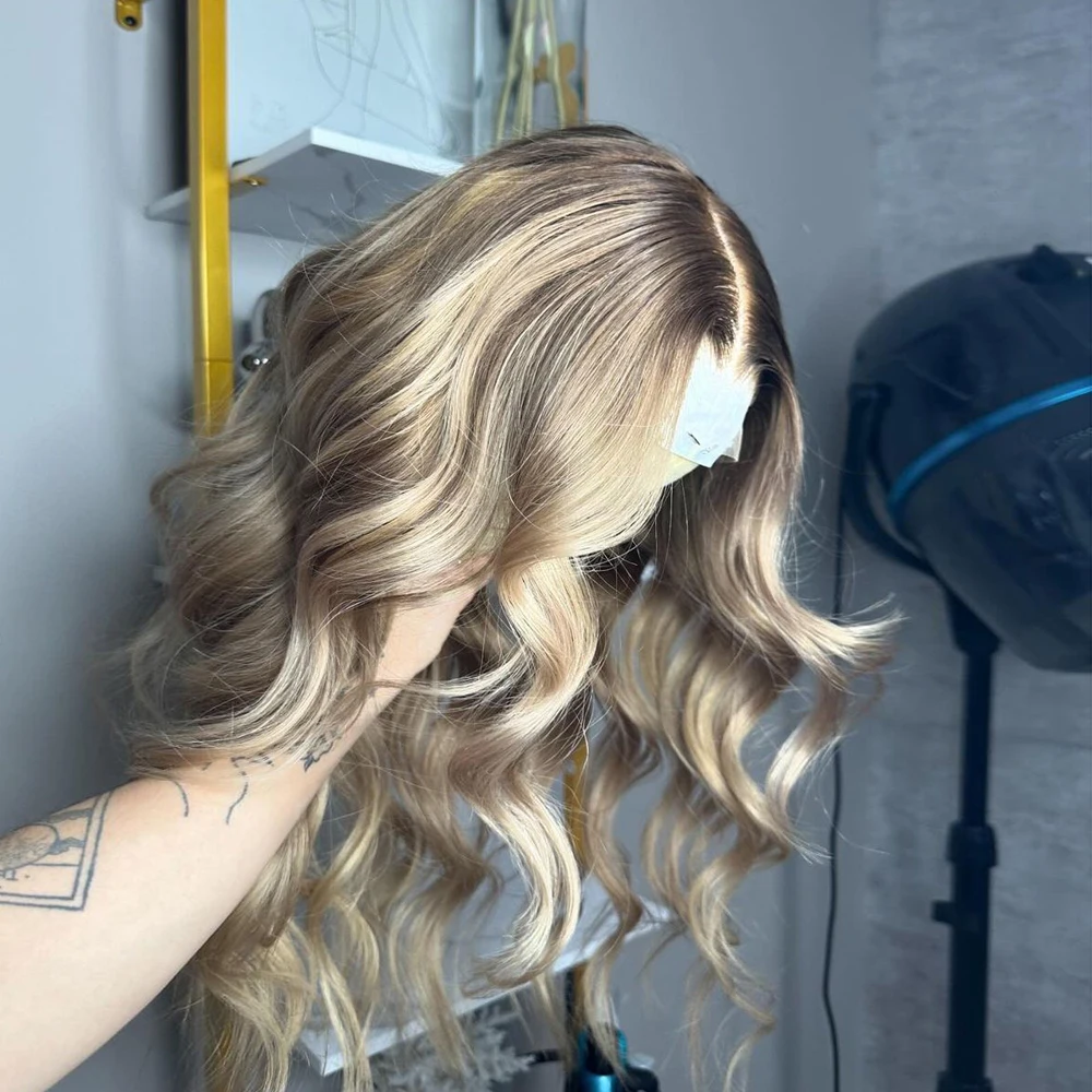 

13x4 Парик Фронта Шнурка Выделите Ombre Blonde Парик Темные Корни Натуральные Объемные Волны Длинные Волосы Парики Синтетические Волосы HD Парики Шнурка Для Женщин