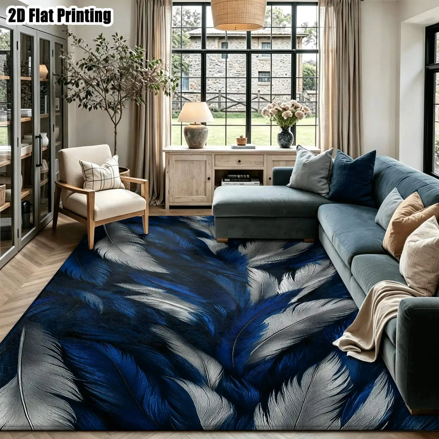 1Pc 2D Printed Blue White Feather Pattern Nordic Modern Minimalist Carpet, Instagram Inspired Floor Mat, Multi-Size Machine Washable Home Decor for Entrance, Dining, Foyer, Bedroom, Study, Living Room