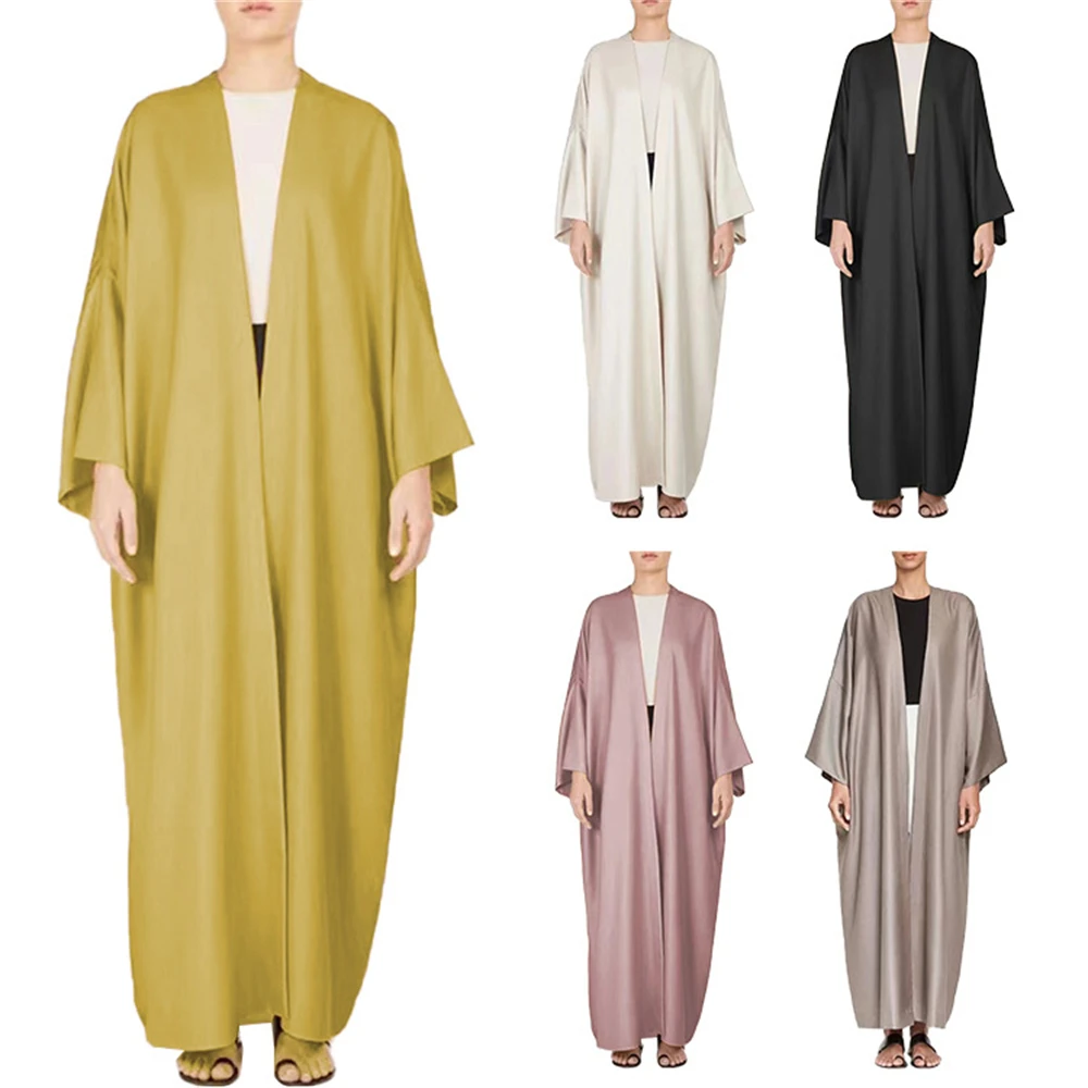 

Dubai Shiny Satin Batwing Sleeve Cardigan Robe Modest Muslim Kimono Open Abaya Dress Eid Ramadan Women Islamic Saudi Arab Robes