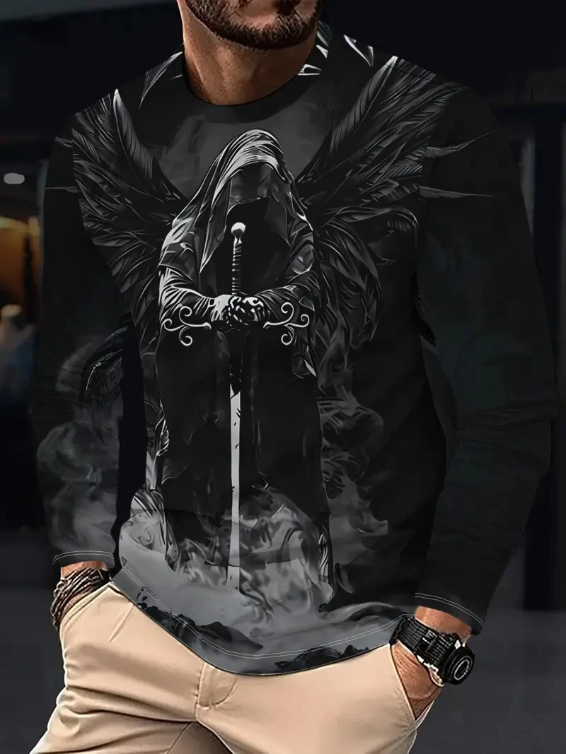 Herren Halloween Geflügelter Schädel Ritter Print Langarm T-Shirt Atmungsaktives Casual Langarm-Oberteil für den Alltag und Outdoor-Aktivitäten, Familienoutfit – Detail 8
