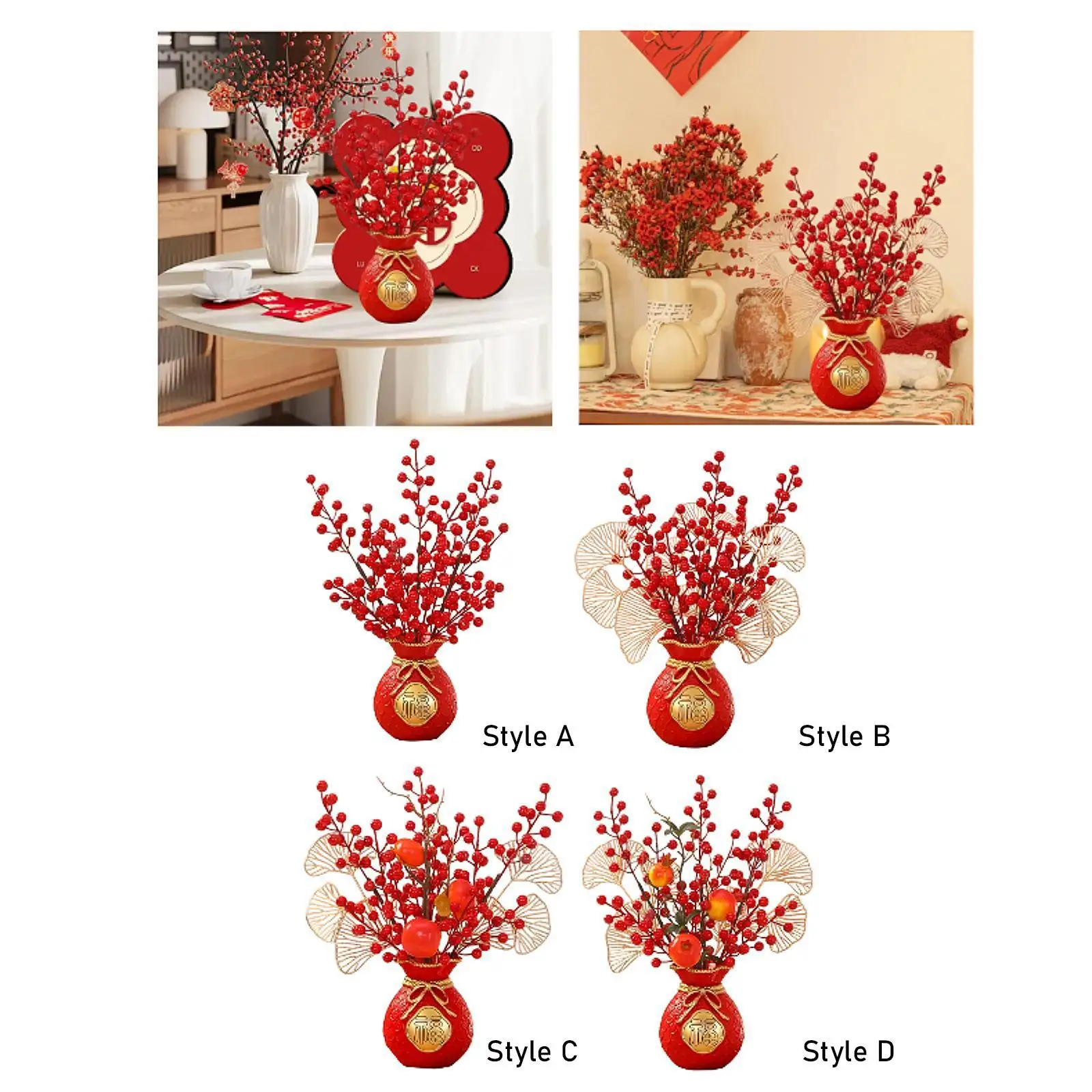 Chinese New Year Decoration Fake Flower Blessing Bucket Desktop Ornament Artificial Red Berry Branches for Home Desk Birthday