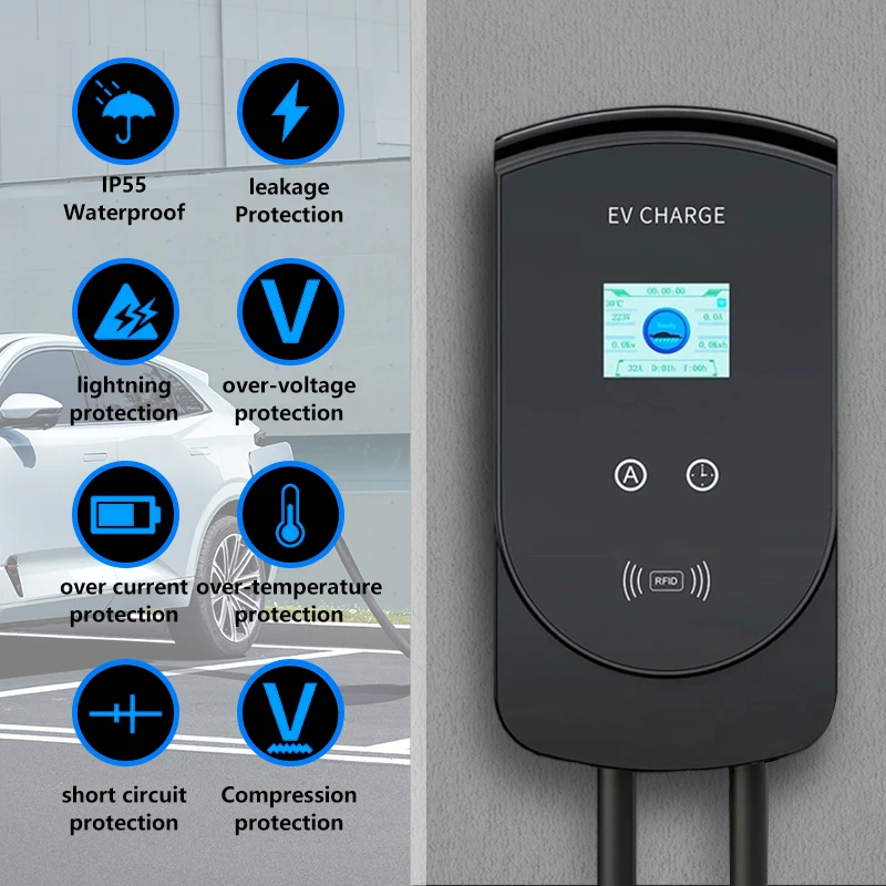 EV Charger 32A 7.6KW Electric Vehicle Car Charger EVSE Wallbox 3Phase 22KW 11KW Type2 Cable IEC62196-2 Socket APP Control