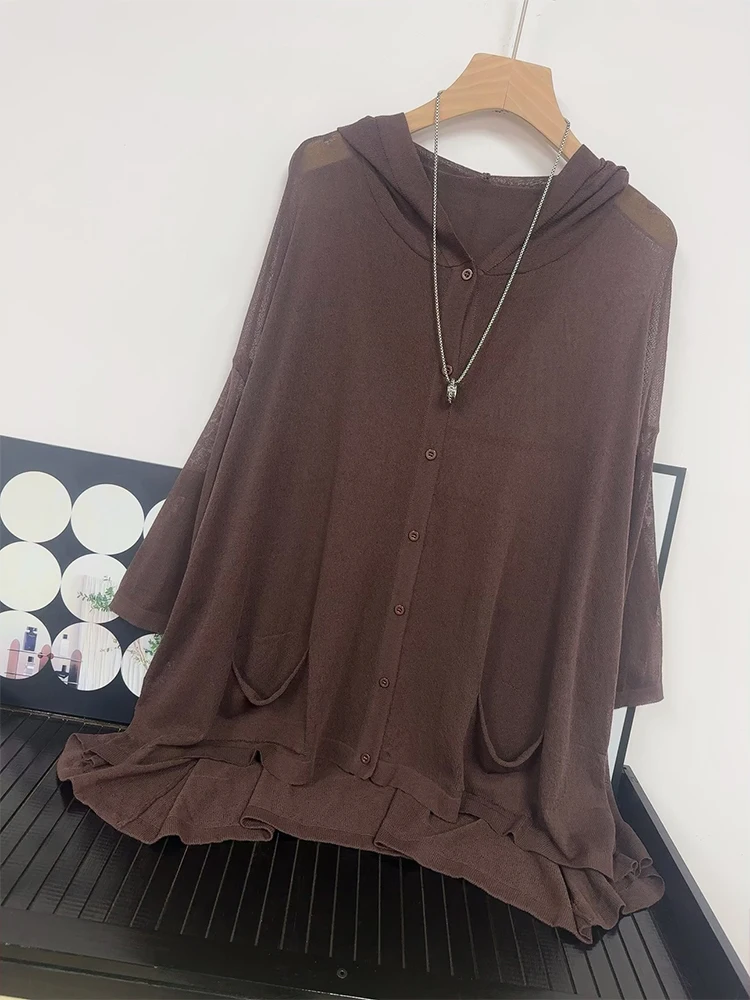 High Quality Medium Length Hooded Knitted Cardigan for Women's Thin Summer Loose Fitting Jacket, Sun Protection Outer Wear