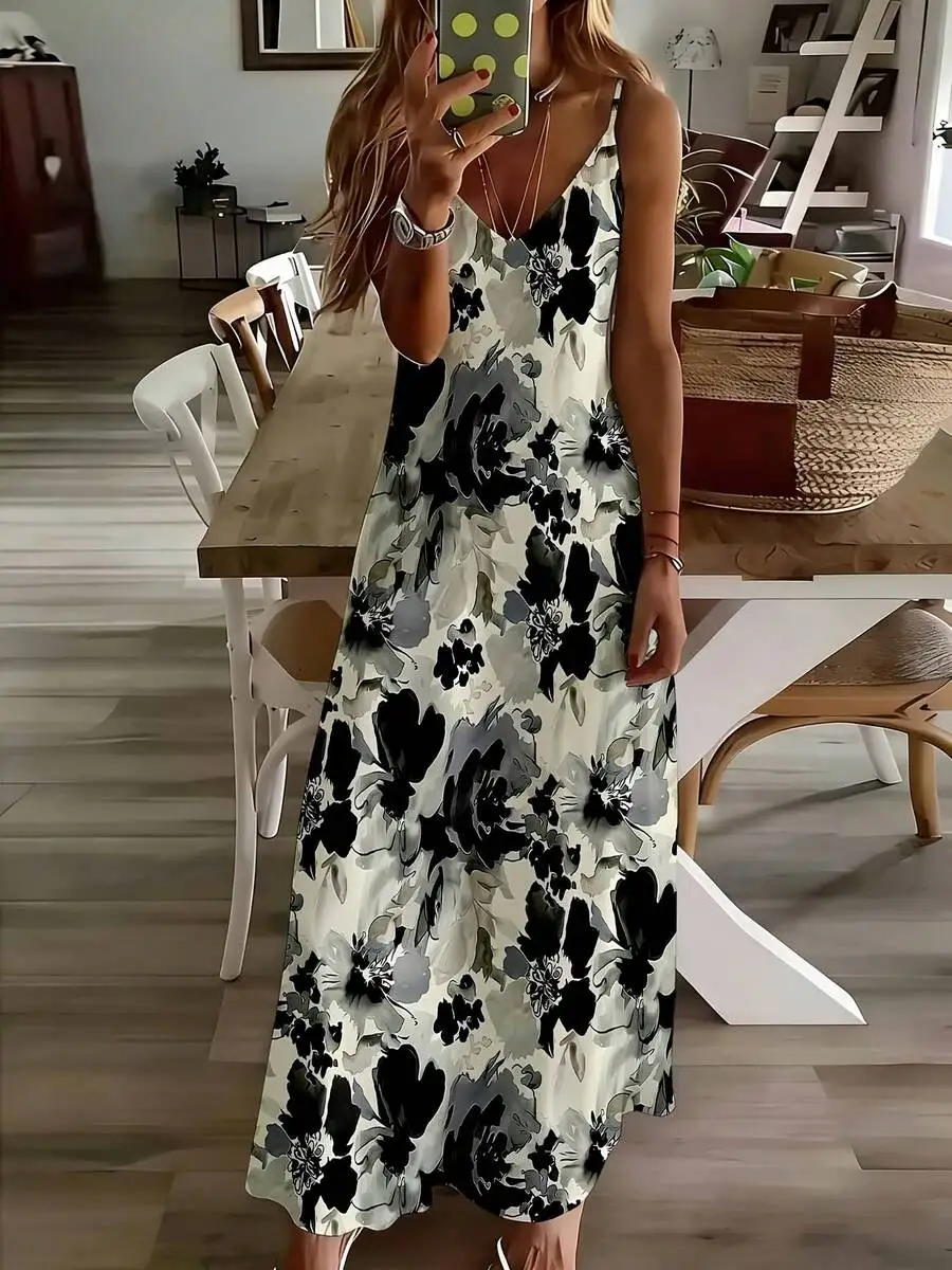 

Floral Print Sleeveless Maxi Dress Women Black And White Summer Casual