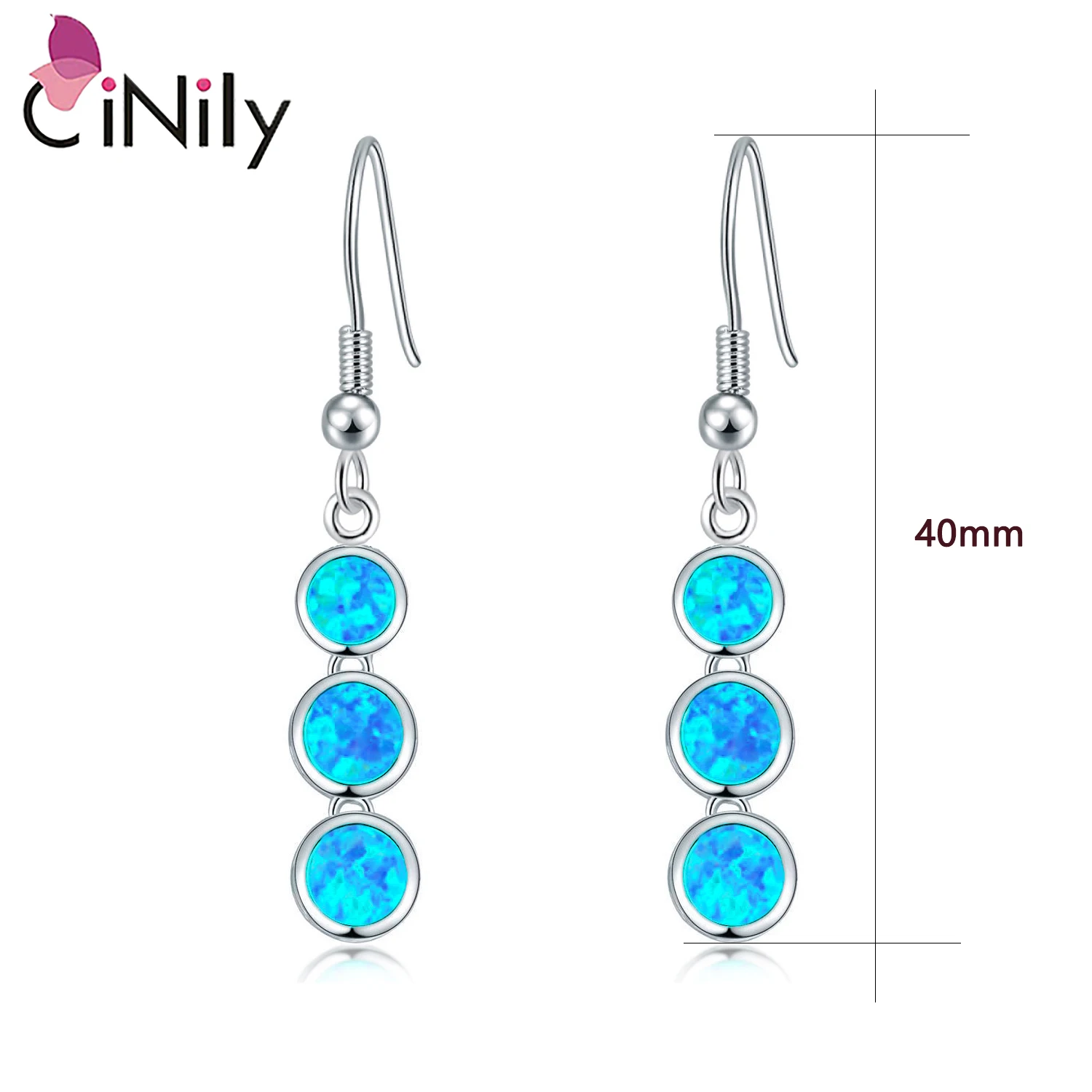 CiNily Created Blue Fire Opal Earrings Silver Color 3 Round Long Earring for Women Fashion Jewelry Pierced Dangle Earrings Gifts