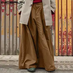 INCERUN Men Wide Leg Pants Solid Color Button Joggers Loose Casual Trousers Men Pleated Streetwear 2024 Fashion Long Pants S-5XL