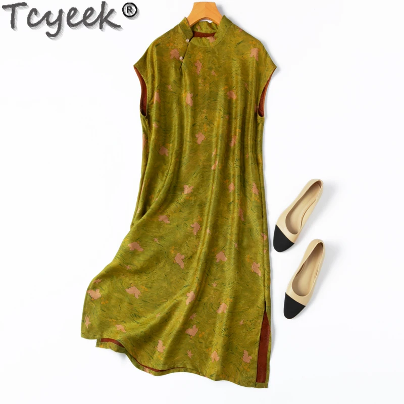 

Tcyeek 100% Mulberry Silk Midi Dress Women Clothes 2024 Vintage Dress Elegant Women's Dresses Summer Qipao Dress Платье Женское