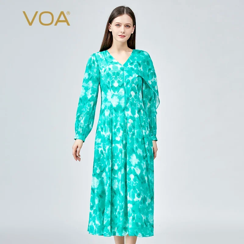 

VOA богемное изумрудное женское платье с принтом тай-дай и воланами с v-образным вырезом, весенние модные праздничные платья с длинными рукавами, женские AE1251