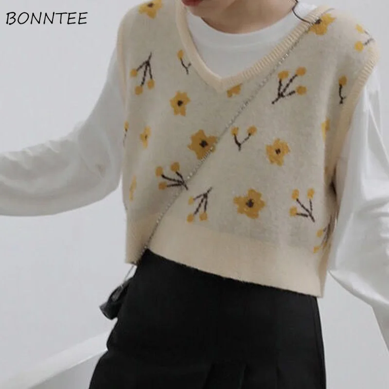 

Sweater Vest Women V-neck Sleeveless Preppy Cropped All-match Daily Cozy Korean Style Flowers Loose Knitted New Arrivals Hot Ins