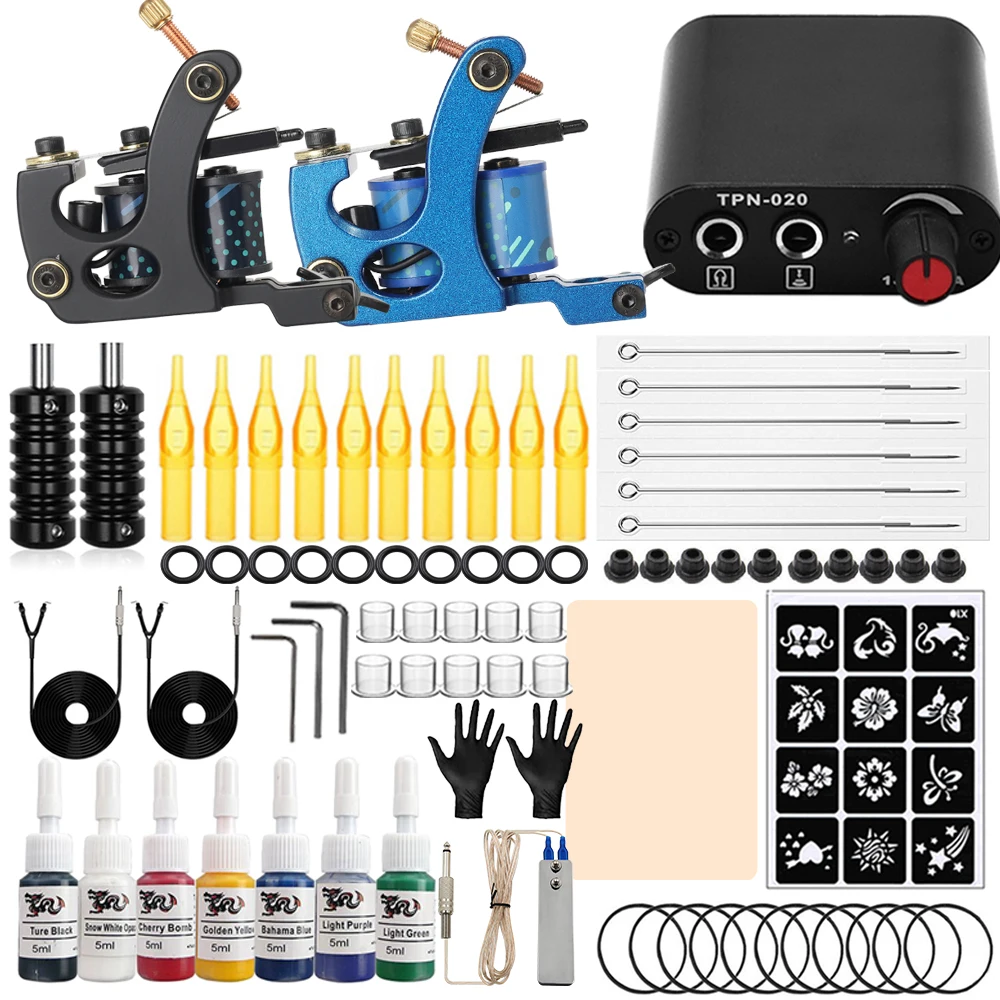 

Complete Coils Tattoo Machine Kit Liner Shader Machine Power Supply Inks with Tattoo Needles Accessories for Tattoo Beginner Set