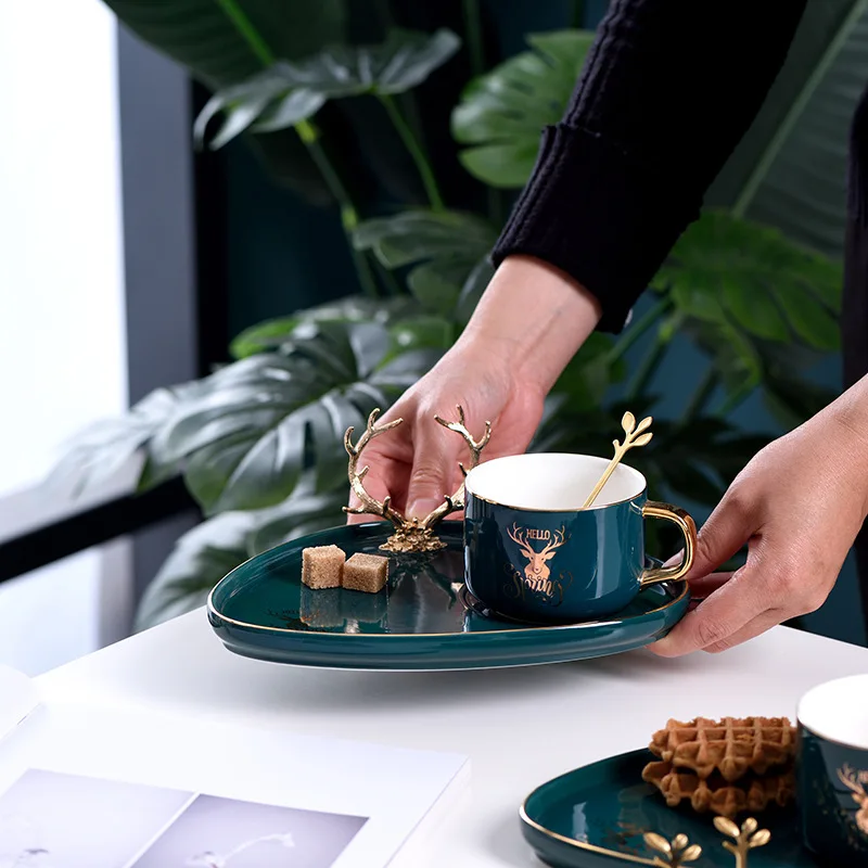 Luxe Keramische Mok Met Schotel Europese Herten Vorm Afternoontea Koffiekop En Schotel Set Creatief Drinkwaren Cadeau Voor Thuis