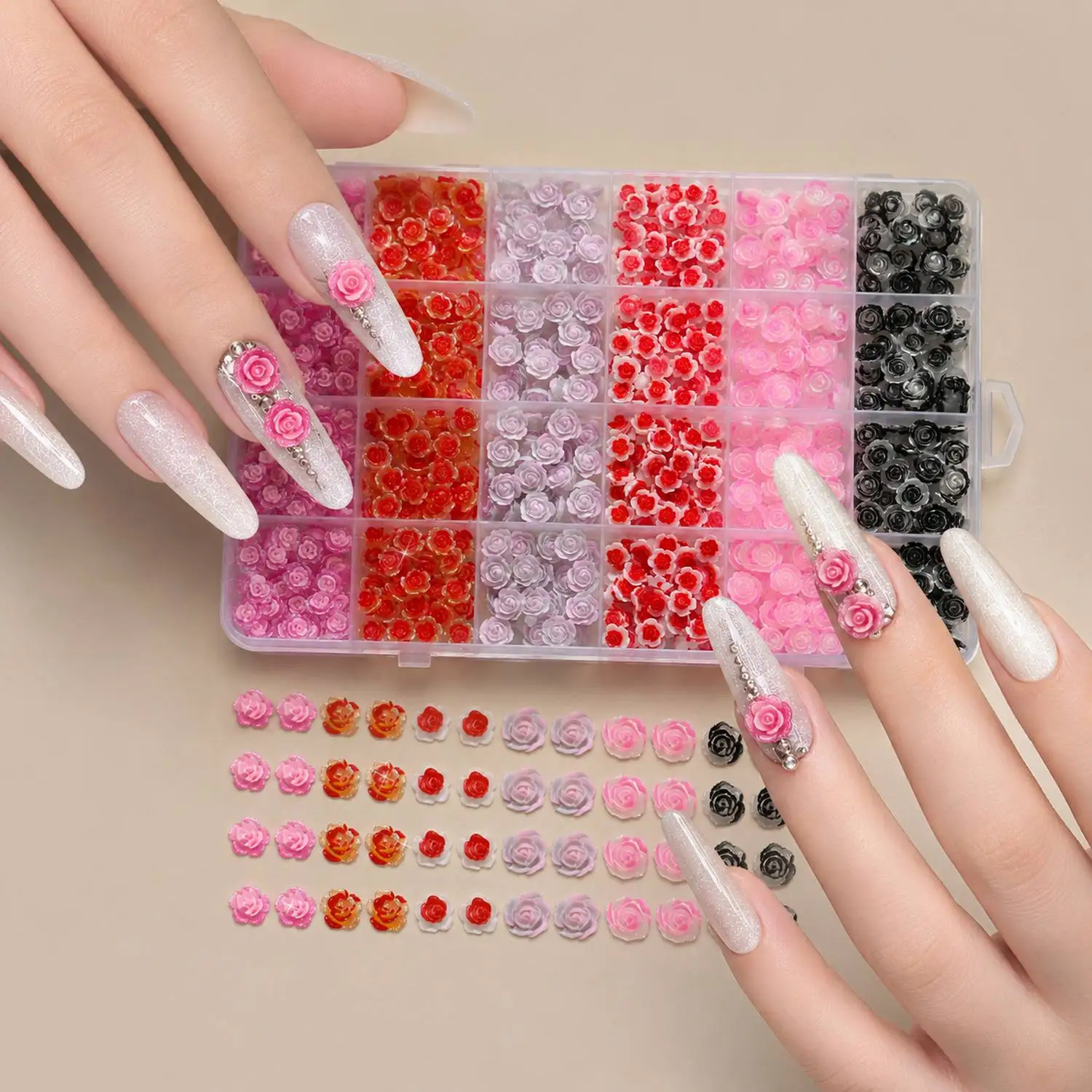 

24Grids/Box 3D Embossed Small Flower Nail Charms Natural Color Small Flower Nail Decoration Romantic Style Flower Nail Parts