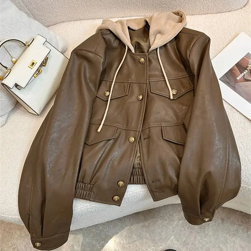 Fake Two Pieces of Hooded Leather Jacket for Women's 2024 Spring Autumn Casual Retro Motorcycle Suit Black PU Leather Jacket Top