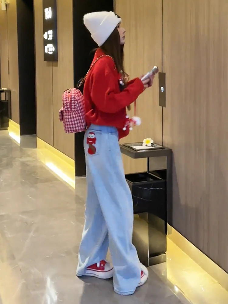 

High Waist Fleece Lined Straight Leg Denim Jeans Women's 2025 Chinese Zodiac Snake Embroidery Loose Wide Leg Pants